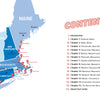 A map highlights key New England states with pins, while on the right, "Gettin' Nautical in New England" by Schiffer Publishing, Ltd. displays a 15-chapter travel guide table of contents featuring these destinations.