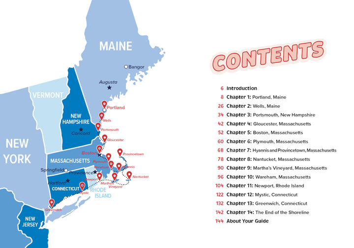 A map highlights key New England states with pins, while on the right, "Gettin' Nautical in New England" by Schiffer Publishing, Ltd. displays a 15-chapter travel guide table of contents featuring these destinations.
