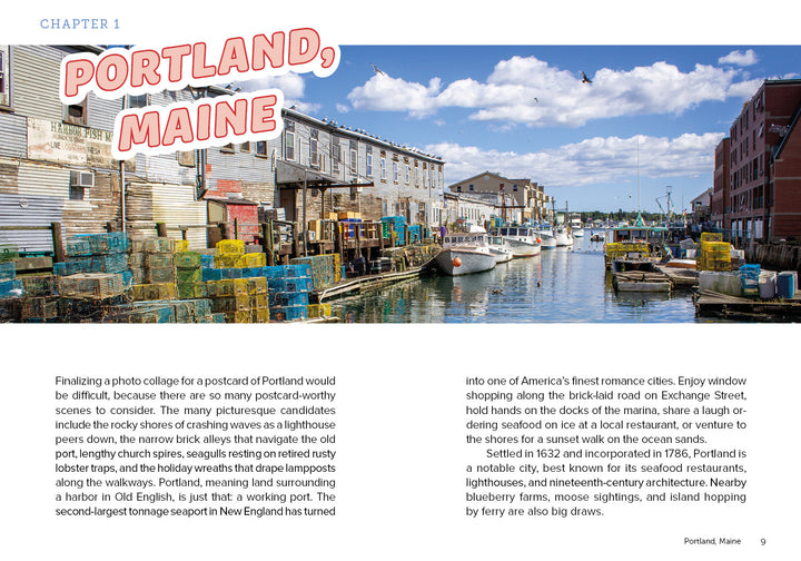 The "Gettin' Nautical in New England" spread from Schiffer Publishing, Ltd. features vibrant waterfronts, lobster traps, and boats—capturing Portland, Maine’s scenery and maritime charm for New England travel lovers.