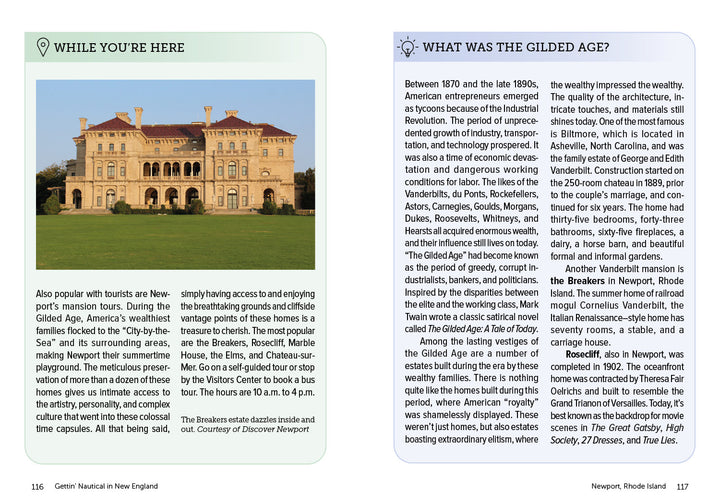 A two-page spread from "Gettin' Nautical in New England" by Schiffer Publishing, Ltd. shows a historic mansion and travel tips for Newport's mansions on the left, with Gilded Age history on the right—ideal for New England travel fans.