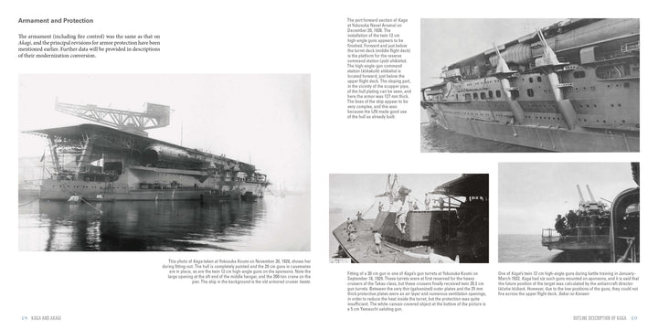 A black-and-white photo spread in "Kaga and Akagi" by Schiffer Publishing, Ltd. showcases Imperial Japanese Navy aircraft carriers at sea with side/deck views, structural details, and crew activities during World War II.