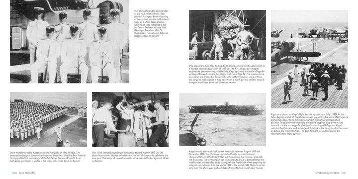 Kaga and Akagi by Schiffer Publishing, Ltd. features black-and-white WWII naval photos showing crew in uniform, aircraft on Akagi's deck, maintenance scenes, officers, ships at sea, and men boarding planes—all with detailed captions.