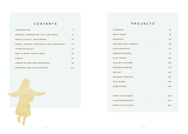 Two cream-colored pages display the table of contents for Magical Crochet by Schiffer Publishing, Ltd., outlining materials, techniques, and kids’ crochet projects. A charming illustration of a child with outstretched arms appears at the bottom left.