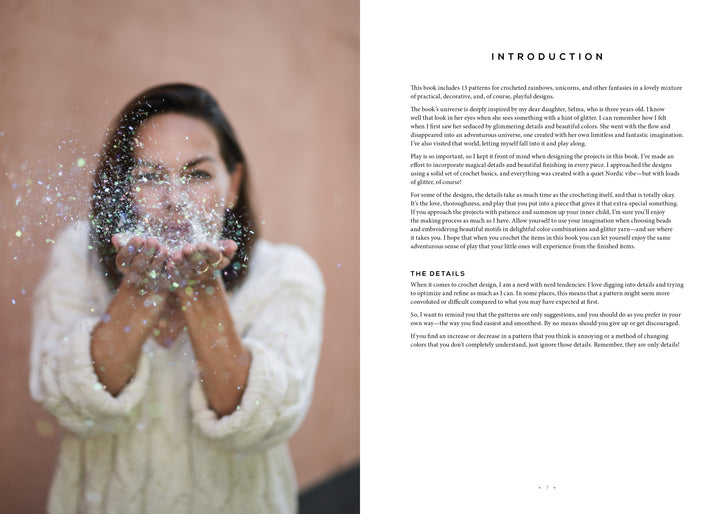 A woman blows confetti in the air, surrounded by Magical Crochet accessories from Schiffer Publishing, Ltd., adding a whimsical touch to her joyful moment.