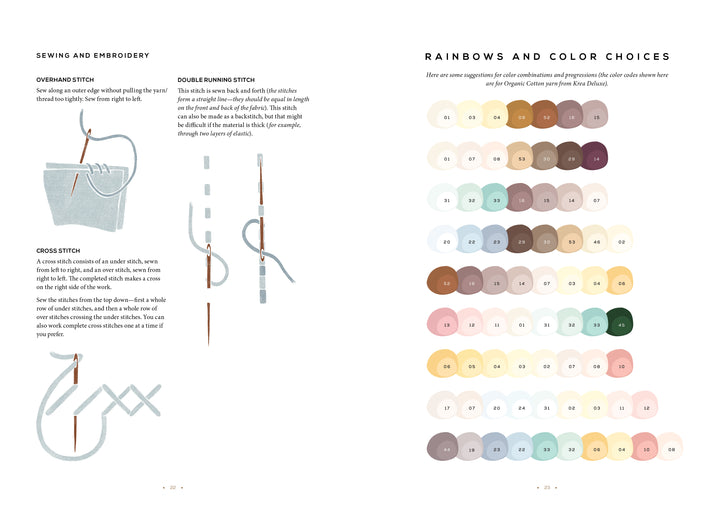 An instructional page from "Magical Crochet" by Schiffer Publishing, Ltd. features sewing and embroidery stitch diagrams on the left and 30 numbered thread color circles on the right—ideal inspiration for creative crochet accessories and patterns.
