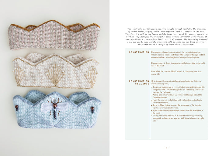 Magical Crochet by Schiffer Publishing, Ltd. features three pastel crowns—pink with gold trim, cream with bead accents, and light blue with an embroidered bee—arranged on white beside crown construction instructions.