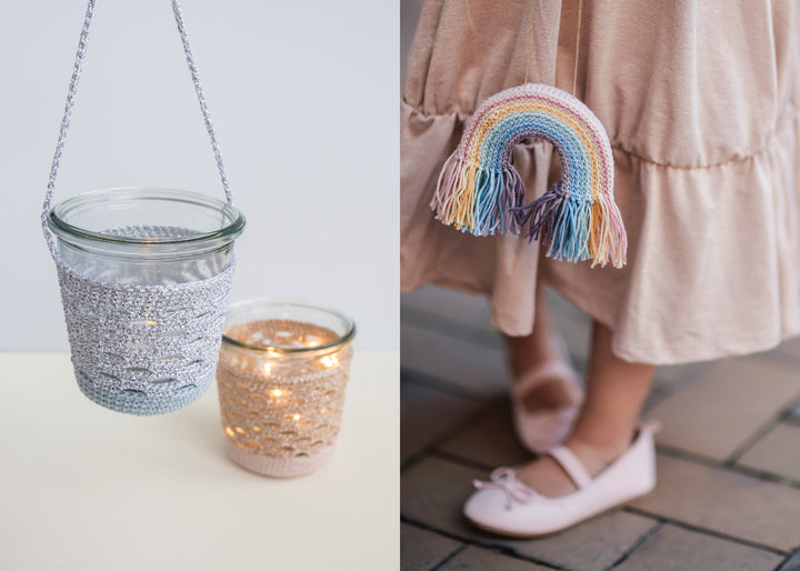 On the left, two glass jars filled with Schiffer Publishing, Ltd.'s Magical Crochet accessories hold candles. On the right, a child in a beige dress and pink shoes carries a small rainbow-shaped purse with fringe.
