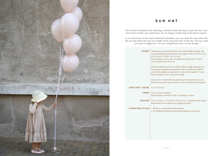 A young child in a light dress and sun hat holds pale pink balloons against a gray wall. On the right, "Magical Crochet" by Schiffer Publishing, Ltd. features crochet patterns like a sun hat, with materials and step-by-step instructions.