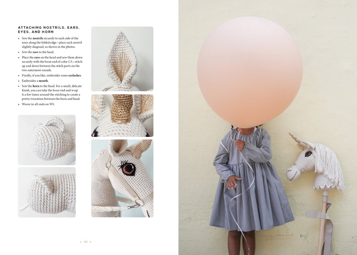 On the left, Magical Crochet by Schiffer Publishing, Ltd. offers step-by-step unicorn crochet with close-up photos; on the right, a child in gray holds a unicorn hobby horse and a large pink balloon.