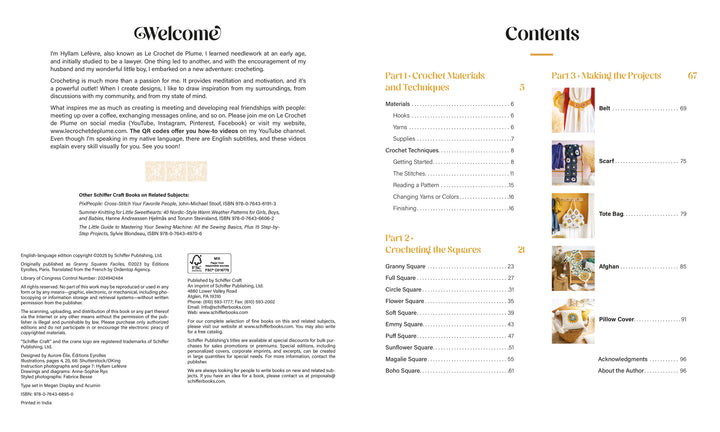 An open copy of "Granny Square Style" by Schiffer Publishing, Ltd. shows an author introduction and beginner crochet tips on the left, with a contents page featuring materials, granny squares, techniques, and projects like belts, bags, and blankets.
