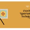 A crochet hook and a colorful granny square on a mustard yellow background, featuring “Granny Square Style” by Schiffer Publishing, Ltd.—ideal for beginner crochet enthusiasts exploring new patterns and materials.