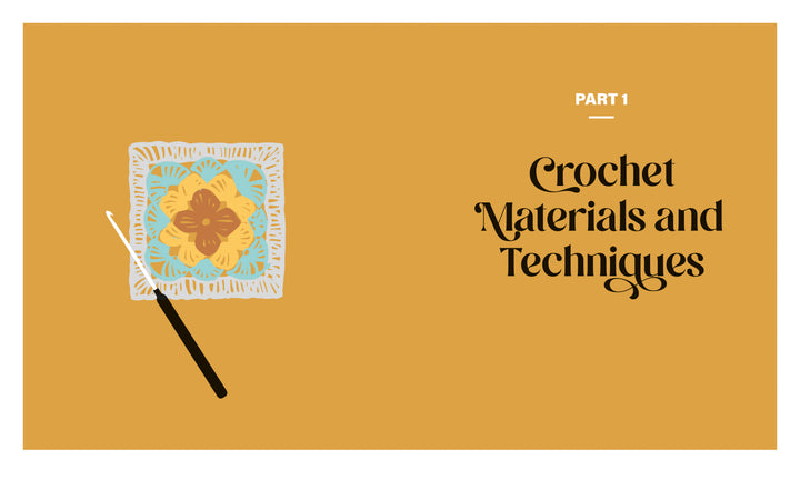 A crochet hook and a colorful granny square on a mustard yellow background, featuring “Granny Square Style” by Schiffer Publishing, Ltd.—ideal for beginner crochet enthusiasts exploring new patterns and materials.
