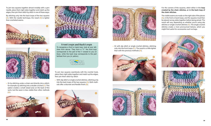 Granny Square Style by Schiffer Publishing, Ltd. offers a step-by-step photo guide to crocheting and joining granny squares with raised flower centers using beginner techniques, close-up hand shots, and detailed images of stitching.