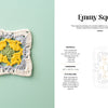 A "Granny Square Style" crochet granny square by Schiffer Publishing, Ltd. with a yellow and gray floral design and cream border rests on mint green. Next to it are the pattern name, materials, size, stitches, and a crochet diagram on white.