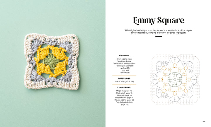 A "Granny Square Style" crochet granny square by Schiffer Publishing, Ltd. with a yellow and gray floral design and cream border rests on mint green. Next to it are the pattern name, materials, size, stitches, and a crochet diagram on white.