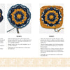 Three crochet motifs—floral circle, petaled circle, and granny square—from Granny Square Style by Schiffer Publishing, Ltd., shown with pattern pages nearby. Inspiring ideas for beginner crochet enthusiasts.