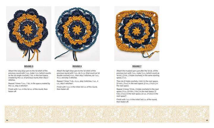 Three crochet motifs—floral circle, petaled circle, and granny square—from Granny Square Style by Schiffer Publishing, Ltd., shown with pattern pages nearby. Inspiring ideas for beginner crochet enthusiasts.