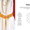 A close-up of someone wearing a white dress, red cardigan, beaded necklaces, and a yellow floral granny squares crochet belt. A straw bag with a yellow scarf hangs from their arm. "Granny Square Style" by Schiffer Publishing, Ltd. shown on the right.