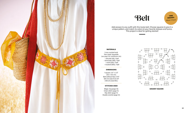A close-up of someone wearing a white dress, red cardigan, beaded necklaces, and a yellow floral granny squares crochet belt. A straw bag with a yellow scarf hangs from their arm. "Granny Square Style" by Schiffer Publishing, Ltd. shown on the right.