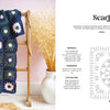 A blue, green, and pink granny square crochet scarf from *Granny Square Style* by Schiffer Publishing, Ltd. hangs on a wooden ladder near a blue shirt and white vase with dried grasses. The right page offers beginner instructions and a crochet pattern diagram.