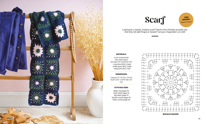 A blue, green, and pink granny square crochet scarf from *Granny Square Style* by Schiffer Publishing, Ltd. hangs on a wooden ladder near a blue shirt and white vase with dried grasses. The right page offers beginner instructions and a crochet pattern diagram.