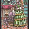 A Victorian-era woman in a green ruffled dress stands by a wicker chair in a lavish parlor on the 4 of Clubs – Friend card from The Magic Lantern Sibilla by Schiffer Publishing, Ltd., featuring a fireplace, mirror, and ornate decor.