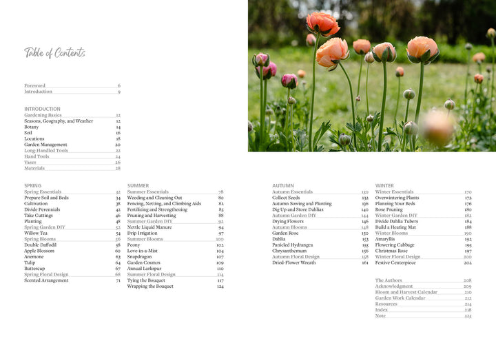 On the left, the table of contents for Sow, Grow, and Harvest by Schiffer Publishing, Ltd.; on the right, orange and pink ranunculus flowers bloom in a sunlit green garden—ideal for DIY bouquets.