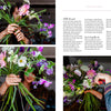 A woman creates a vibrant flower bouquet in a bright room, highlighting DIY skills inspired by "Sow, Grow, and Harvest" from Schiffer Publishing, Ltd.—ideal for fans of cut flower arrangements. Close-ups show her artfully arranging each bloom.
