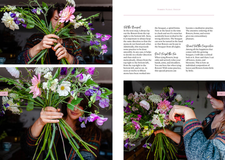 A woman creates a vibrant flower bouquet in a bright room, highlighting DIY skills inspired by "Sow, Grow, and Harvest" from Schiffer Publishing, Ltd.—ideal for fans of cut flower arrangements. Close-ups show her artfully arranging each bloom.