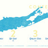 The table of contents for Out East from Above by Schiffer Publishing, Ltd. is set against a stylized blue aerial map of Long Island, with sections 1–4: Stay Awhile, Get Lost, Quality Eats, and Life’s a Beach, each with page numbers.