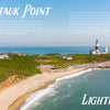 Aerial view of Montauk Point Lighthouse on a rocky cliff above the ocean, featured in "Out East from Above" by Schiffer Publishing, Ltd.—a stunning addition to any Montauk coffee-table book collection.