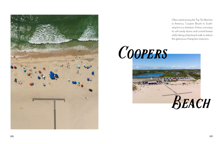 Aerial views from "Out East from Above" by Schiffer Publishing, Ltd.: Left—colorful umbrellas on Coopers Beach’s sand and waves; right—beachfront parking lot and buildings under blue sky. Text labels Coopers Beach, South Fork Long Island.