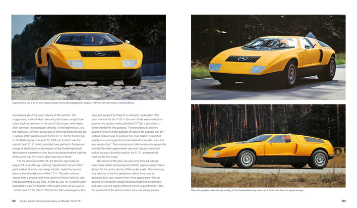 The Mercedes-Benz C 111 by Schiffer Publishing, Ltd. is shown in yellow with a wedge-shaped design from front, three-quarter, and side views—driving on a road and parked on grass with trees and a blue sky in the background.