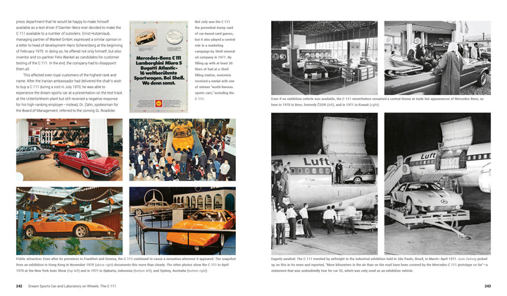 A two-page spread from Schiffer Publishing, Ltd. showcases color and black-and-white photos of the Mercedes-Benz C 111 at auto shows and being loaded onto a Lufthansa cargo plane, with informative captions.