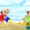 Two children in white sun hats build a sandcastle with buckets and shovels on a beach, with the ocean, sky, a crab, and shells nearby. "Hello, Beach!" by Schiffer Publishing, Ltd. invites little ones to build a castle and dig a moat.