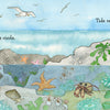 Illustration from "Hello, Beach!" by Schiffer Publishing, Ltd.: A rocky tide pool scene with a child's feet above the water, seagulls circling, and marine creatures like a starfish and crab below. Text: “Seagulls circle. Tide retreats.”.