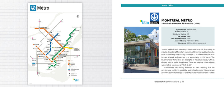 A spread from Transit Tourism by Schiffer Publishing, Ltd. shows a Montréal Métro map on the left and, on the right, STM branding with a station photo plus details on metro architecture and Montréal’s distinctive transit art and design.