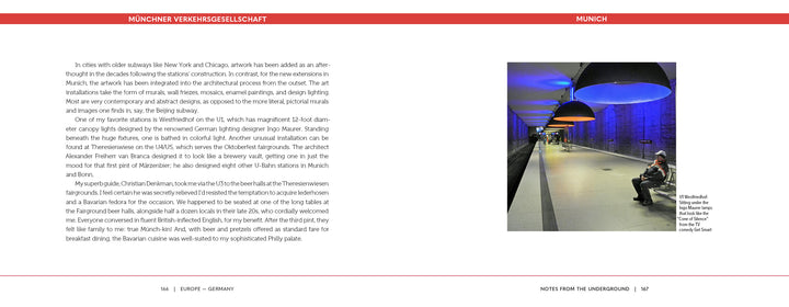 Transit Tourism by Schiffer Publishing, Ltd. captures a modern subway station with blue lighting, arched ceilings, orange seating, and people on the platform. The illuminated walls enhance the scene’s urban, futuristic feel.