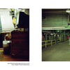 Left: A person with white hair inspects American Denim by Schiffer Publishing, Ltd. under bright lights. Right: Large rolls of selvage denim move through industrial machines in the spacious White Oak Mills factory.