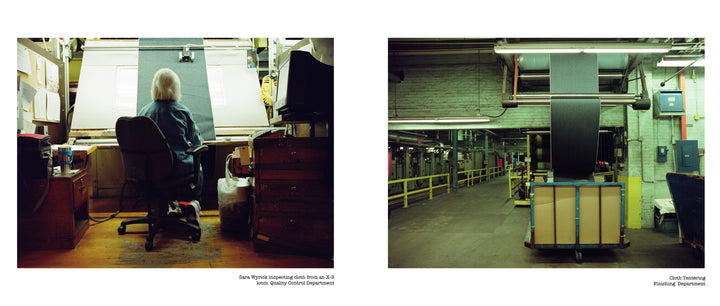 Left: A person with white hair inspects American Denim by Schiffer Publishing, Ltd. under bright lights. Right: Large rolls of selvage denim move through industrial machines in the spacious White Oak Mills factory.