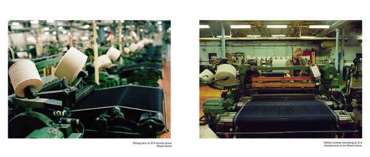 Two photos from "American Denim" by Schiffer Publishing, Ltd.: at left, weaving machines with spools of thread; at right, a person operates a loom in a workshop, recalling White Oak Mills’ historic selvage denim production.
