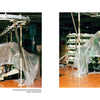 Two industrial textile machines, formerly used to weave American Denim, sit partially covered in clear plastic in a dim factory. Thread spools fill the background. Captions note X-2 models, stored in the 2020s. Brand: Schiffer Publishing, Ltd.