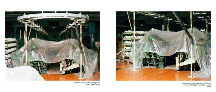 Two industrial textile machines, formerly used to weave American Denim, sit partially covered in clear plastic in a dim factory. Thread spools fill the background. Captions note X-2 models, stored in the 2020s. Brand: Schiffer Publishing, Ltd.