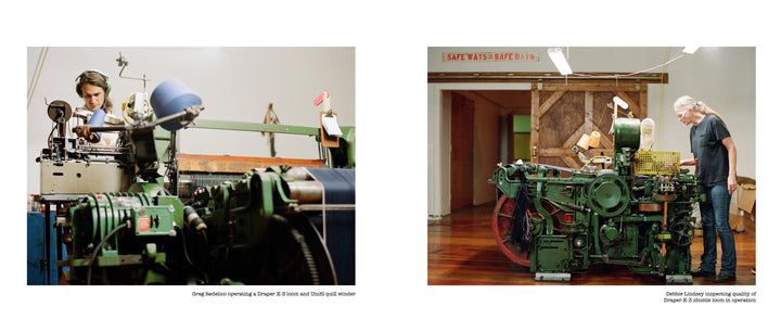 On the left, a person operates vintage equipment; on the right, another inspects a running welter machine—capturing the spirit of White Oak Mills and classic American denim, as featured in "American Denim" by Schiffer Publishing, Ltd.
