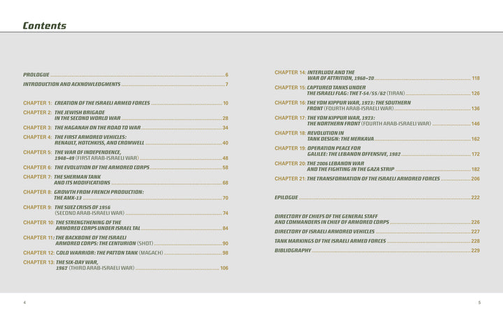 Table of contents from "The Israeli Armored Corps" by Schiffer Publishing, Ltd., listing chapters on IDF tank history with page numbers in orange and chapter titles in grey on a white background.