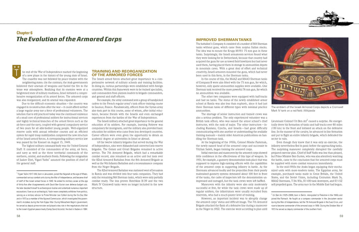 Two pages from The Israeli Armored Corps by Schiffer Publishing, Ltd. show "The Evolution of the Armored Corps" text and a color photo of an IDF emblem with a stylized tank and Hebrew, highlighting tank history on beige.