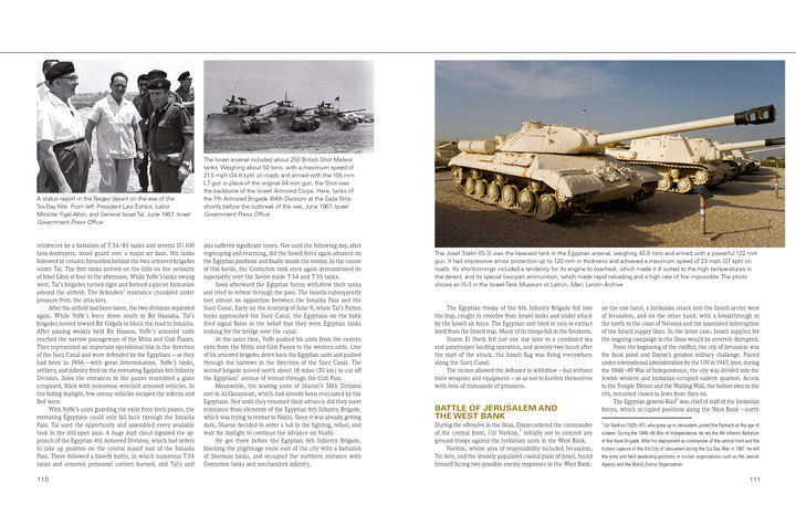 A two-page spread from "The Israeli Armored Corps" by Schiffer Publishing, Ltd. explores military history with text, black-and-white and color photos of soldiers and tanks, plus a vivid outdoor image highlighting the corps' legacy.