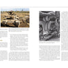 A two-page spread from "The Israeli Armored Corps" by Schiffer Publishing, Ltd. covers the Battle of the Golan Heights with two black-and-white photos: soldiers on a damaged tank and one peering into a tank’s cannon barrel.