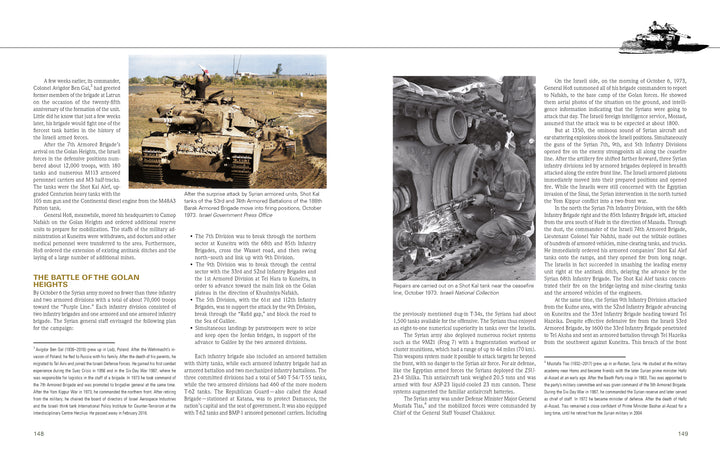 A two-page spread from "The Israeli Armored Corps" by Schiffer Publishing, Ltd. covers the Battle of the Golan Heights with two black-and-white photos: soldiers on a damaged tank and one peering into a tank’s cannon barrel.