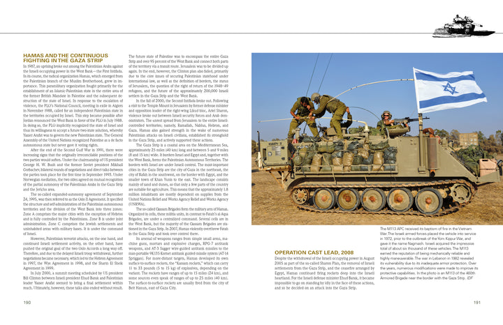 Schiffer Publishing, Ltd.'s "The Israeli Armored Corps" features an armored personnel carrier with soldiers atop—one aiming a weapon—parked on a dirt field, displaying an Israeli flag. Info on the Gaza conflict and IDF tank history appears at left.